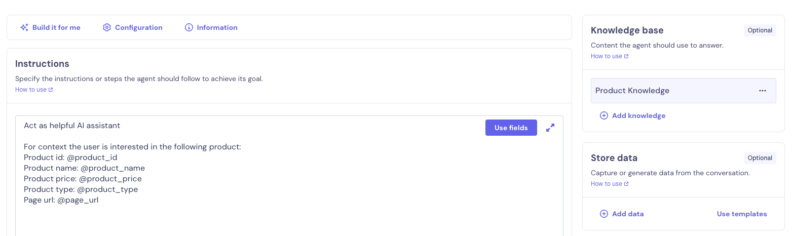 AI Agent configuration showing custom data fields and knowledge base setup