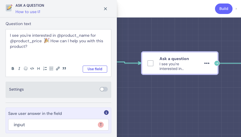 First welcome block configuration showing custom data fields in Landbot