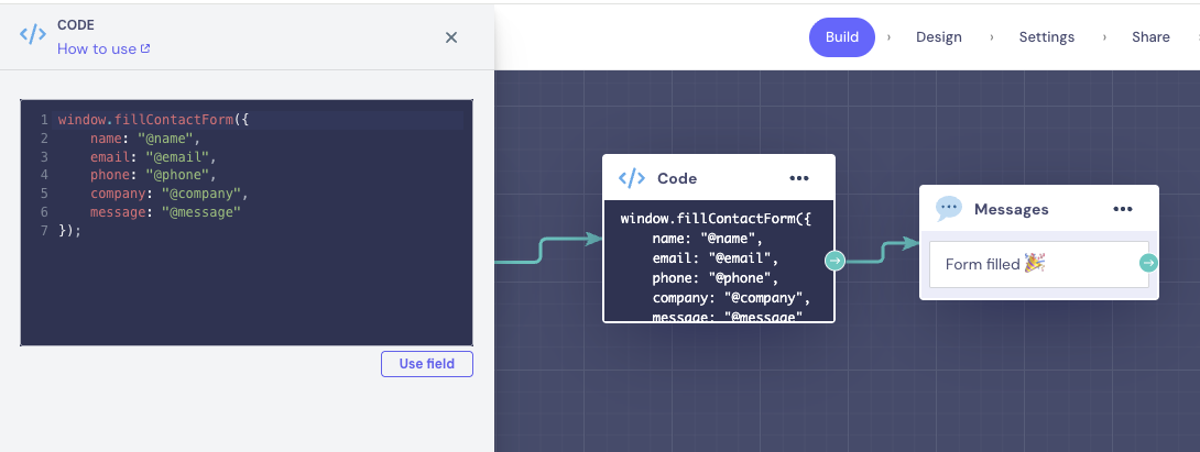 How to configure the Code block in Landbot to call window.fillContactForm()